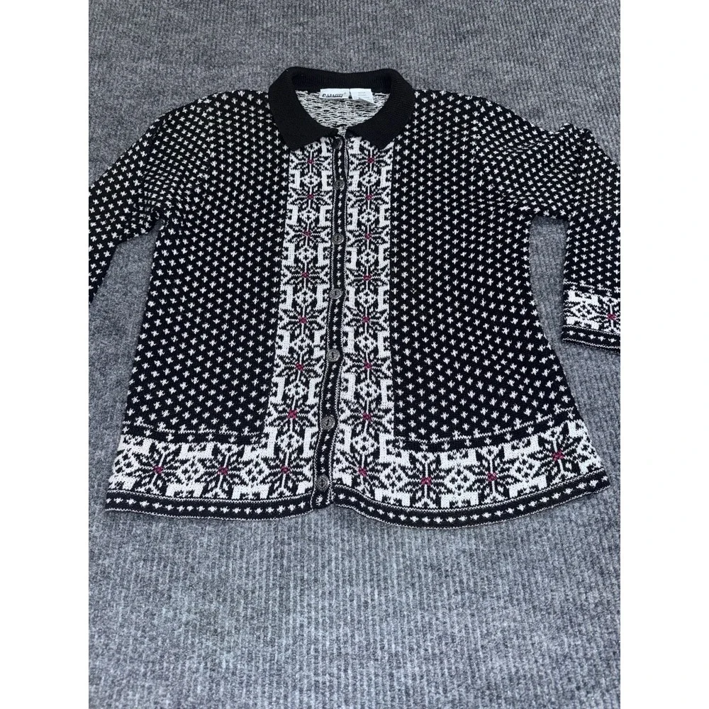 Y2K Capacity Fair Isle Collared Button Cardigan Sweater Black White Red M - Picture 5 of 13